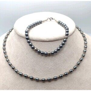 Sterling Silver 925 & Hematite Pearl Beaded 17" Necklace 7.5" Bracelet Set 30.5g